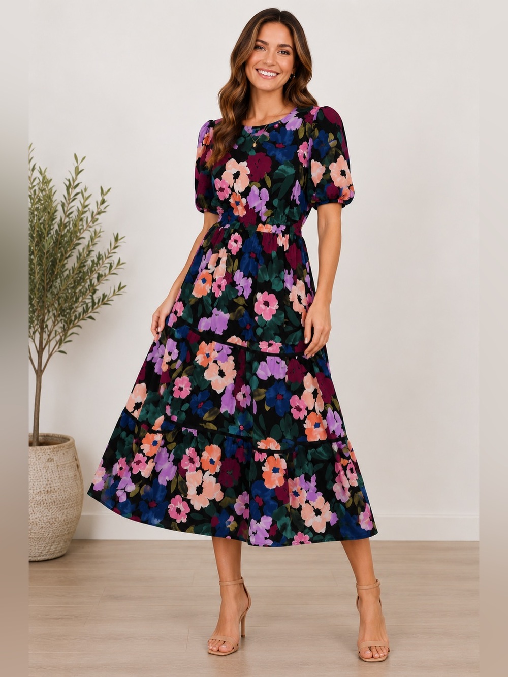 🌺✨Clover & Sloane Floral Puff Sleeve Midi Dress Black Multicolor Size 10✨🌺